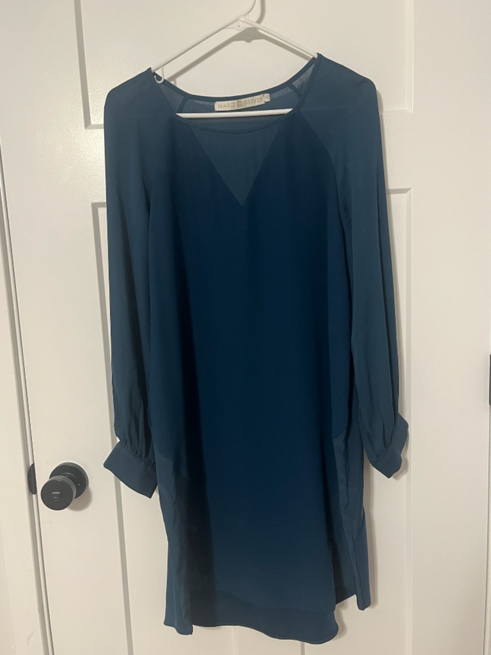 Marie Oliver Teal Mixed Media Long Sleeve Shift Dress Silk Gold Button Cuffs M